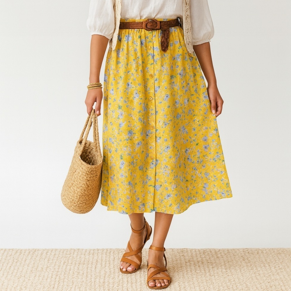 Vintage 80s Yellow Floral Midi Skirt Button Front Cottagecore Pastel Wildflowers